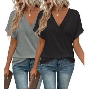 2PCS T Shirts Short Sleeve V Neck Tees Womens Fashion Tops Trendy Soft 2025 Casual Summer Spring Outfits Clothes in Kuwait