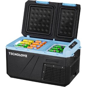 Car Refrigerator Fridge 27QT 25L Portable Mini Freezer Dual Zone Door 12/24V DC,110~240 Volt AC Compressor Cooler Touchscreen Control -4℉~68℉ for Camping,Truck,RV,Van,SUV, Road Trips, Home Ice Blue