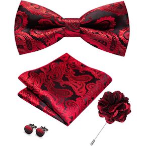 RBOCOTT Paisley Bow Tie and Pocket Sqaure Set with Lapel Pin and Cufflinks for Men