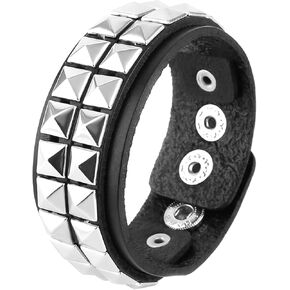 HZMAN Unisex Black Genuine Leather Silver Pyramid Studs Wristband 80s Gothic Punk Glam (2 Rows)