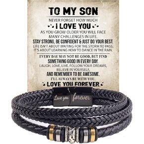 To My Son/Grandson Bracelet From Mom Grandmother, Forever Linked Together Black Braided Leather Infinity Knot Inspirational Bracelets Engraved Love You Forever Birthday Gift Jewelry