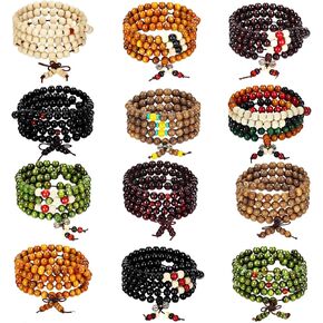 24 Pcs 108 Mala Bead Bracelets 8mm Tibetan Buddha Retractable Wood Beaded Multilayer Sandalwood Wood Bracelets Necklaces Buddhist Prayer Strand Necklace Prayer Gift for Meditation Lovers