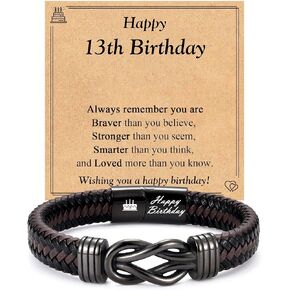 12th-40th Birthday Gift for Boys Him Men, Leather Knot Bracelet Gifts for 12 13 16 18 Year Old Boys Son Grandson Nephew Friend with Birthday Card