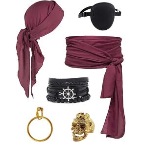 Pirate Costume Accessories for Women Men 6 Pcs Pirate Head Scarf Bandanas Waist Sash Belt Jewelry