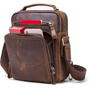 Hiram Men's Crazy Horse Cow Leather Messenger Bag, Crossbody Bag for Men, 25.5 cm x 21.5 cm x 10.0 cm, Coffee