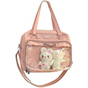 أكياس Kawaii Crossbody اليابانية ITA حقيبة جمالية على غرار مقصورة واضحة و 2 دمى أفخم لطيفة للنساء (أسود)