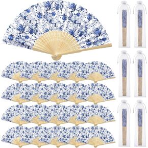 Roowest 50 Pcs Cherry Blossom Hand Fans Chinoiserie Favor Kit Folding Chinese Japanese Hand Fans Retro Paper Fan with Organza Bag Summer Wedding Party Supplies Bridal Shower Gifts for Guests