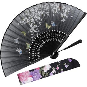 Handheld Folding Fans Hand Held Fan for Women Foldable Chinese Japanese Vintage Bamboo Silk Fan for Wedding Dance Music Festival Party Props Decoration (Black)