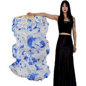 Women Chinese Natural Silk Hand Made 1 Pair (Left+Right) Belly Dance Fan Veils Length 1.8m Width 0.9m