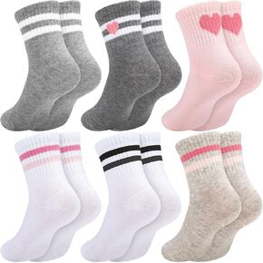 Jspupifip 6 Pairs of Kids Athletic Socks, Hearts Athletic Socks Crew Athletic Socks for Kids, Stripes Combed Cotton Socks with High Ribbed Top Cuffs, Kids Girls and Boys to Little Kids 8-10 Years Old