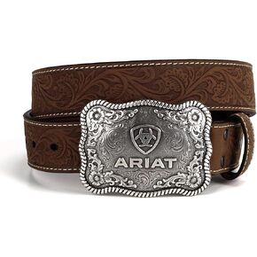 ARIAT Men's Genuine Aged Bark Leather Belt w/Floral Embossed with Antique Silver Logo Buckle