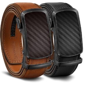 KEMISANT Ratchet Belt For Men 2 Pack,Slide Leather Belt Adjustable For Gift Men Dress Casual Pants Jeans-Cut For Fit