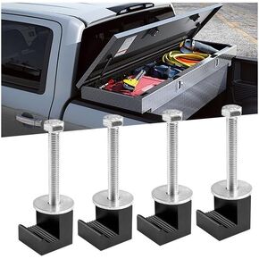 4PCS Truck Tool Box Mounting Kit, J Hook Truck Toolbox Clamps, No Drilling, Pickup Truck Aluminum Crossover Tie Downs, Tool Box Accessories for Fix Supplies and Truck Position (Black)