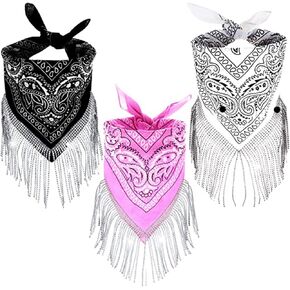 3pcs Fringe Bandana Disco Cowgirl Bachelorette Bandana Last Disco Party Paisley Bandanas Rhinestone Fringe Bandanas Disco Disco Outfit Decorations Nashville Party Favors