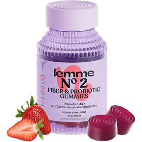 Lemme No. 2 Fiber & Probiotic Gummies for Adults, Promotes Regularity & Digestive Health, No Sugar Added Strawberry Flavor, 4g Prebiotic Fiber & Clinically Studied Probiotic Strains, (60 Count)