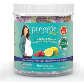 Preggie Pop Drops Plus with Vitamin B6 for Pregnancy Nausea Relief, Morning Sickness Candy with Essential Oils for Pregnant Women – Raspberry & Lemon, 32 Count