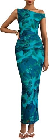 PRETTYGARDEN Women's 2025 Summer Floral One Shoulder Maxi Dress Wedding Guest Ruched Mesh Bodycon Long Cocktail Dresses in Saudi Arabia