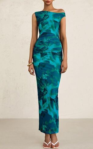 PRETTYGARDEN Women's 2025 Summer Floral One Shoulder Maxi Dress Wedding Guest Ruched Mesh Bodycon Long Cocktail Dresses in Saudi Arabia