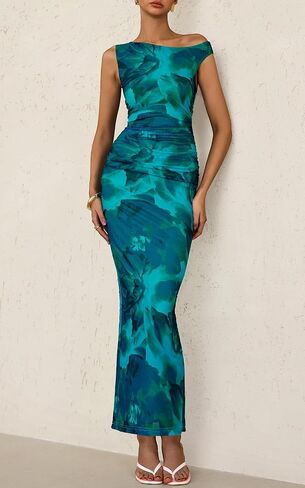 PRETTYGARDEN Women's 2025 Summer Floral One Shoulder Maxi Dress Wedding Guest Ruched Mesh Bodycon Long Cocktail Dresses in Saudi Arabia