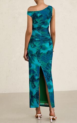 PRETTYGARDEN Women's 2025 Summer Floral One Shoulder Maxi Dress Wedding Guest Ruched Mesh Bodycon Long Cocktail Dresses in Saudi Arabia