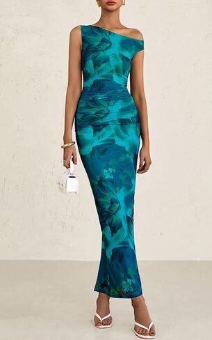 PRETTYGARDEN Women's 2025 Summer Floral One Shoulder Maxi Dress Wedding Guest Ruched Mesh Bodycon Long Cocktail Dresses in Saudi Arabia