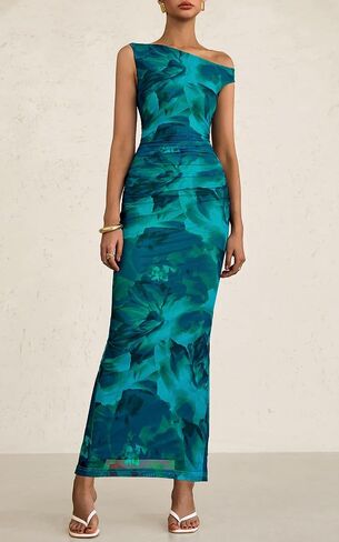 PRETTYGARDEN Women's 2025 Summer Floral One Shoulder Maxi Dress Wedding Guest Ruched Mesh Bodycon Long Cocktail Dresses in Saudi Arabia