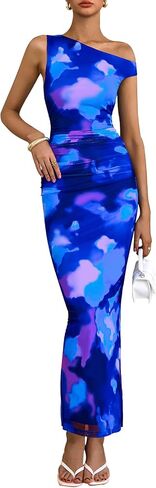 PRETTYGARDEN Women's 2025 Summer Floral One Shoulder Maxi Dress Wedding Guest Ruched Mesh Bodycon Long Cocktail Dresses in Saudi Arabia