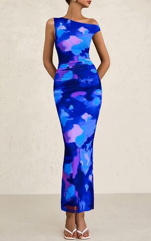 PRETTYGARDEN Women's 2025 Summer Floral One Shoulder Maxi Dress Wedding Guest Ruched Mesh Bodycon Long Cocktail Dresses in Saudi Arabia