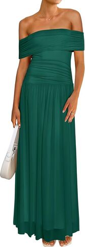 MASCOMODA Women Off The Shoulder Mesh Maxi Dress Bodycon Ruched Formal Sleeveless Pleated Cocktail Wedding Guest Long Dresses in Saudi Arabia