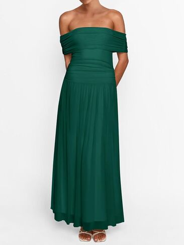 MASCOMODA Women Off The Shoulder Mesh Maxi Dress Bodycon Ruched Formal Sleeveless Pleated Cocktail Wedding Guest Long Dresses in Saudi Arabia