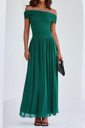 MASCOMODA Women Off The Shoulder Mesh Maxi Dress Bodycon Ruched Formal Sleeveless Pleated Cocktail Wedding Guest Long Dresses in Saudi Arabia