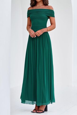 MASCOMODA Women Off The Shoulder Mesh Maxi Dress Bodycon Ruched Formal Sleeveless Pleated Cocktail Wedding Guest Long Dresses in Saudi Arabia
