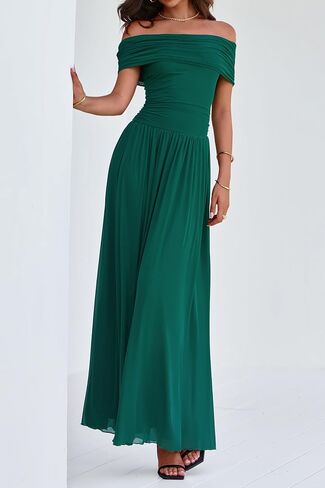 MASCOMODA Women Off The Shoulder Mesh Maxi Dress Bodycon Ruched Formal Sleeveless Pleated Cocktail Wedding Guest Long Dresses in Saudi Arabia