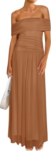 MASCOMODA Women Off The Shoulder Mesh Maxi Dress Bodycon Ruched Formal Sleeveless Pleated Cocktail Wedding Guest Long Dresses in Saudi Arabia