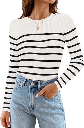 ZESICA Women's Long Sleeve Crewneck Striped Shirts Spring Ribbed Knit Sweater Slim Fitted Casual Basic Tee Tops in Saudi Arabia
