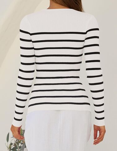 ZESICA Women's Long Sleeve Crewneck Striped Shirts Spring Ribbed Knit Sweater Slim Fitted Casual Basic Tee Tops in Saudi Arabia