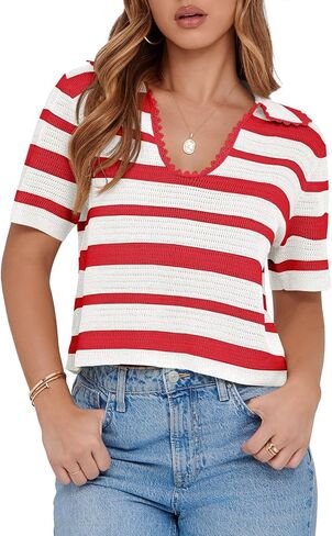 Saodimallsu Womens Cropped Striped Sweater Top Summer Short Sleeve V Neck Collared Going Out Trendy Loose Polo Shirt in Saudi Arabia