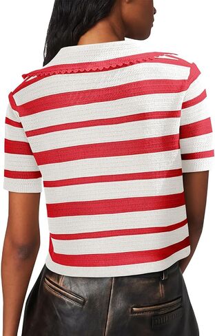 Saodimallsu Womens Cropped Striped Sweater Top Summer Short Sleeve V Neck Collared Going Out Trendy Loose Polo Shirt in Saudi Arabia