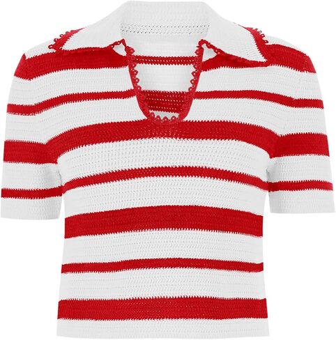 Saodimallsu Womens Cropped Striped Sweater Top Summer Short Sleeve V Neck Collared Going Out Trendy Loose Polo Shirt in Saudi Arabia