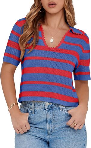 Saodimallsu Womens Cropped Striped Sweater Top Summer Short Sleeve V Neck Collared Going Out Trendy Loose Polo Shirt in Saudi Arabia
