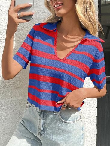 Saodimallsu Womens Cropped Striped Sweater Top Summer Short Sleeve V Neck Collared Going Out Trendy Loose Polo Shirt in Saudi Arabia