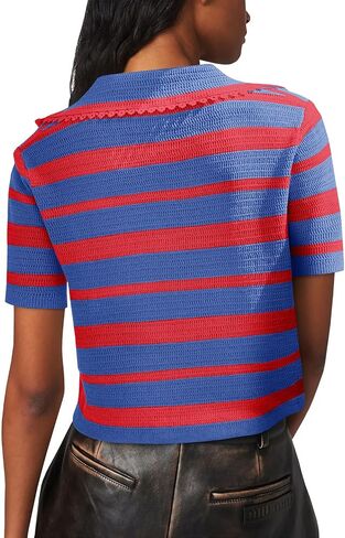 Saodimallsu Womens Cropped Striped Sweater Top Summer Short Sleeve V Neck Collared Going Out Trendy Loose Polo Shirt in Saudi Arabia