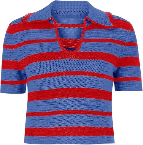 Saodimallsu Womens Cropped Striped Sweater Top Summer Short Sleeve V Neck Collared Going Out Trendy Loose Polo Shirt in Saudi Arabia