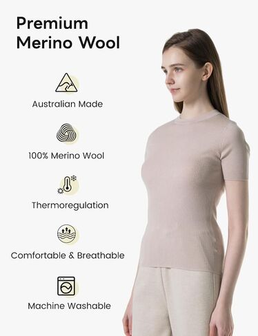 Australian 100% Merino Wool Womens Thermal Base Layer Tops Short Sleeve Crewneck Versatile Trendy for Hiking in Saudi Arabia