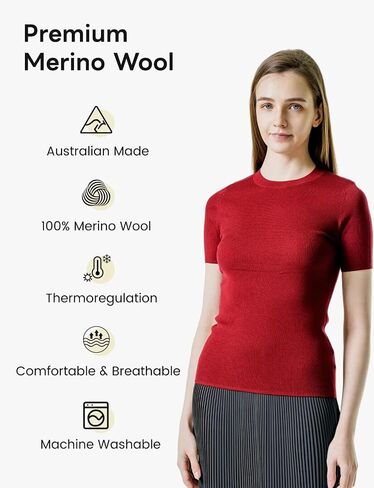 Australian 100% Merino Wool Womens Thermal Base Layer Tops Short Sleeve Crewneck Versatile Trendy for Hiking in Saudi Arabia