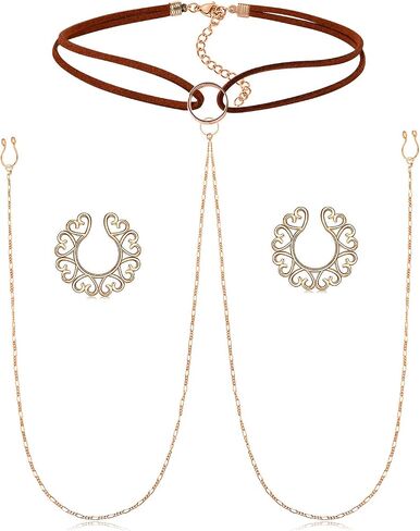 QWALIT Nipple Ring Stainless Steel Non Piercing Nipple Rings Nipplerings with Choker Chain Faux Body Piercing Jewelry for Women in Saudi Arabia
