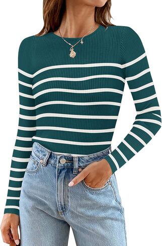 ZESICA Women's Long Sleeve Crewneck Striped Shirts Spring Ribbed Knit Sweater Slim Fitted Casual Basic Tee Tops in Saudi Arabia