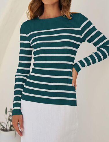ZESICA Women's Long Sleeve Crewneck Striped Shirts Spring Ribbed Knit Sweater Slim Fitted Casual Basic Tee Tops in Saudi Arabia