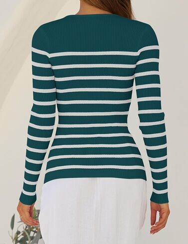 ZESICA Women's Long Sleeve Crewneck Striped Shirts Spring Ribbed Knit Sweater Slim Fitted Casual Basic Tee Tops in Saudi Arabia