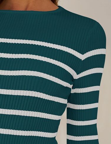 ZESICA Women's Long Sleeve Crewneck Striped Shirts Spring Ribbed Knit Sweater Slim Fitted Casual Basic Tee Tops in Saudi Arabia